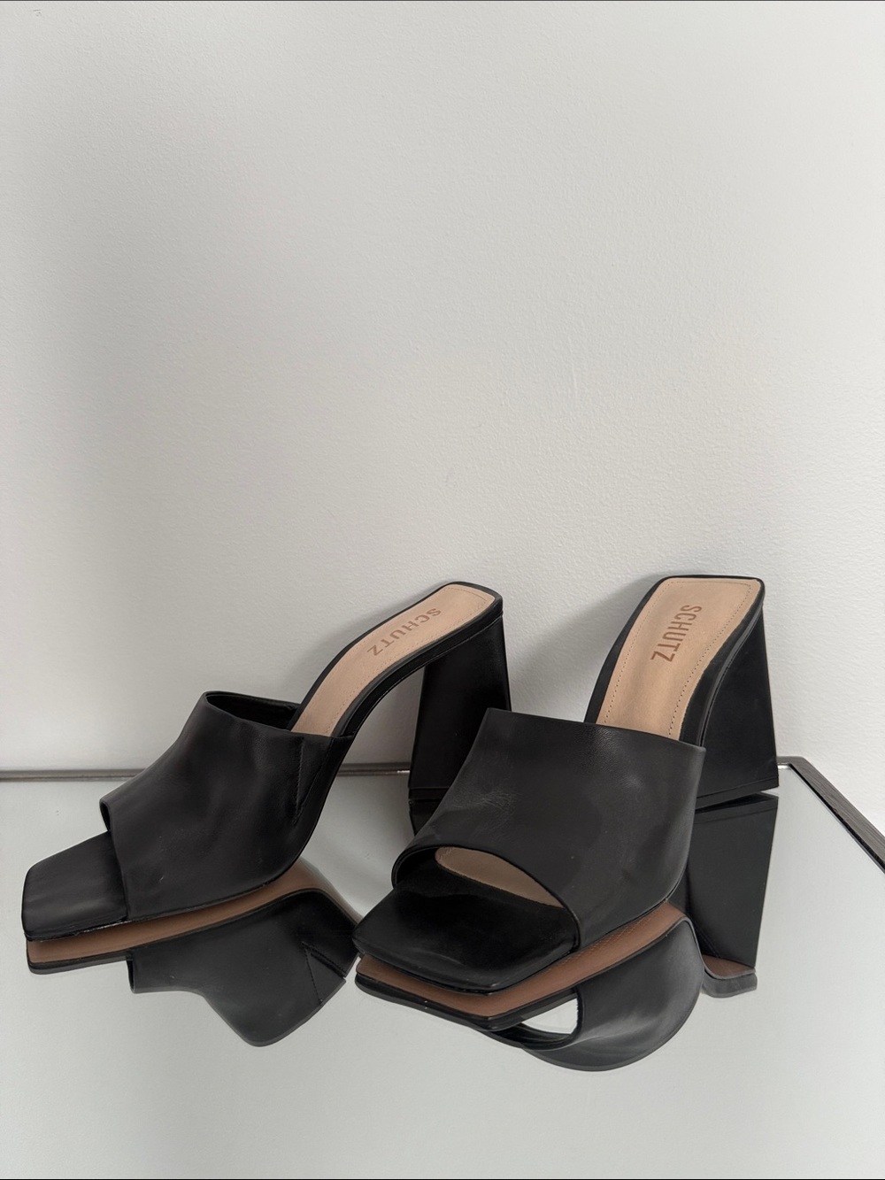 SCHUTZ Black Square-Toe Leather Block Heel Mules